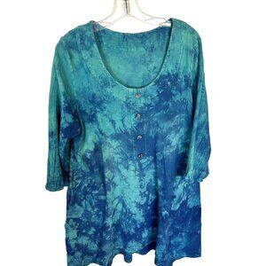 Womens Cotton Tunic Tie Dye Blue Green 3/4 Sleeve Top XL Scoop Pocket